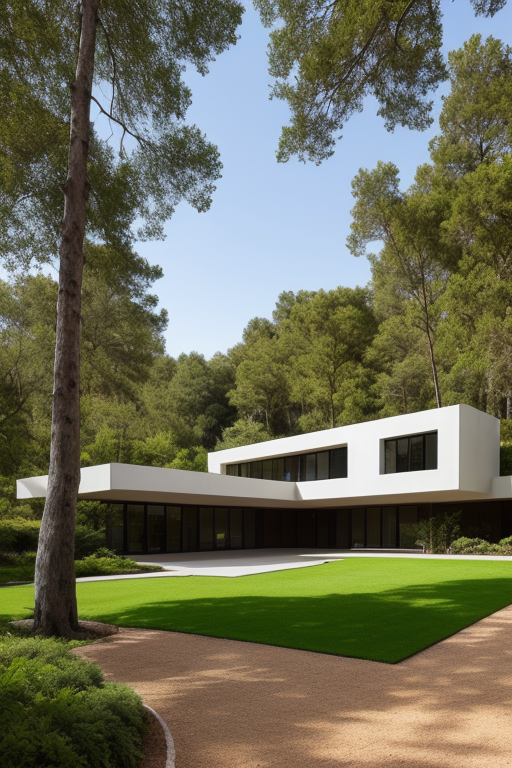 Casa de Campo, con Paredes de Piedra, Columnas de Corredores en madera, con una pendiente de terreno de 10%, espacio para guardar 2 vehículos, Jardín exterior con Cipreses Germánicos
, Mansion, designed by Oscar Niemeyer, Modern Architecture, in the morning, in the forest