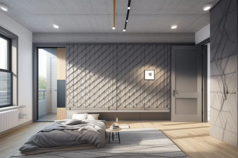 Bedroom, Modern design, clean lines, geometric shapes, neutral colour panel, simplicity and functionality, use of glass, steel, concrete