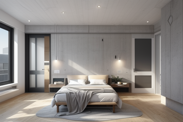 Bedroom, Modern design, clean lines, geometric shapes, neutral colour panel, simplicity and functionality, use of glass, steel, concrete