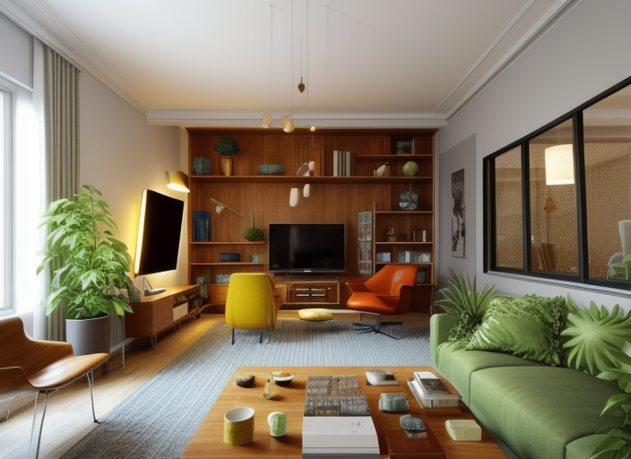 Living Room, Mid Century design, organic shapes, mixed materials such wood, glass and metal, bold colours, retro and futuristic elements, iconic design from mid-20th century