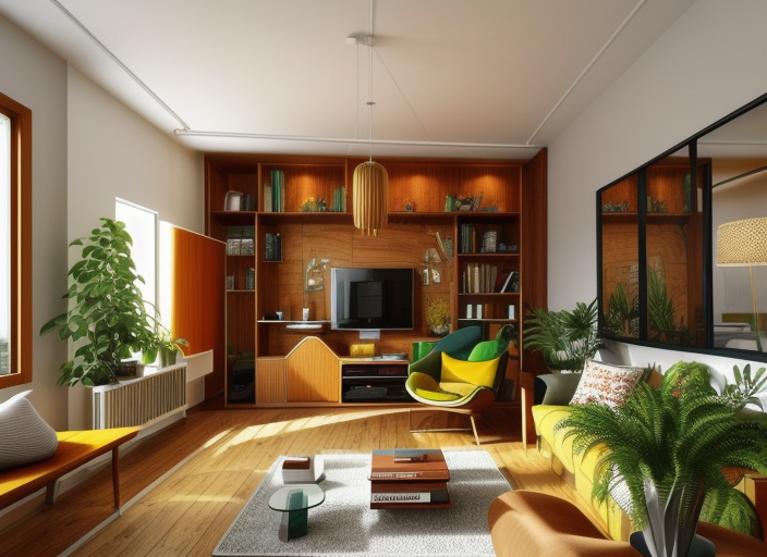 Living Room, Mid Century design, organic shapes, mixed materials such wood, glass and metal, bold colours, retro and futuristic elements, iconic design from mid-20th century