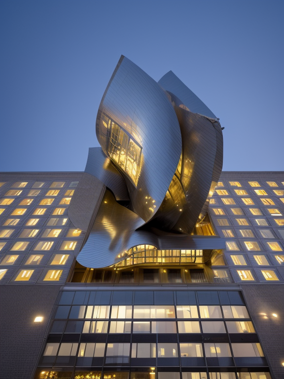 Building, designed by Frank Gehry, designed by Zaha Hadid, Modern Architecture, in New York, at night