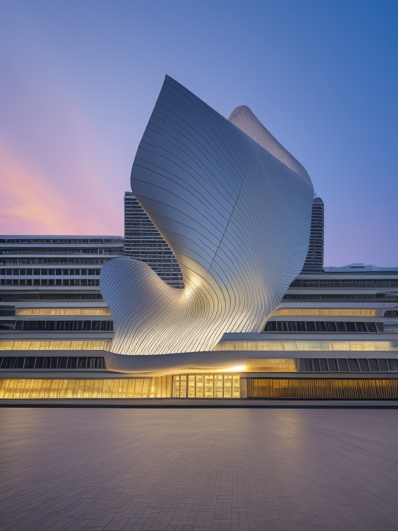 Building, designed by Zaha Hadid, at sunset, in Tokyo