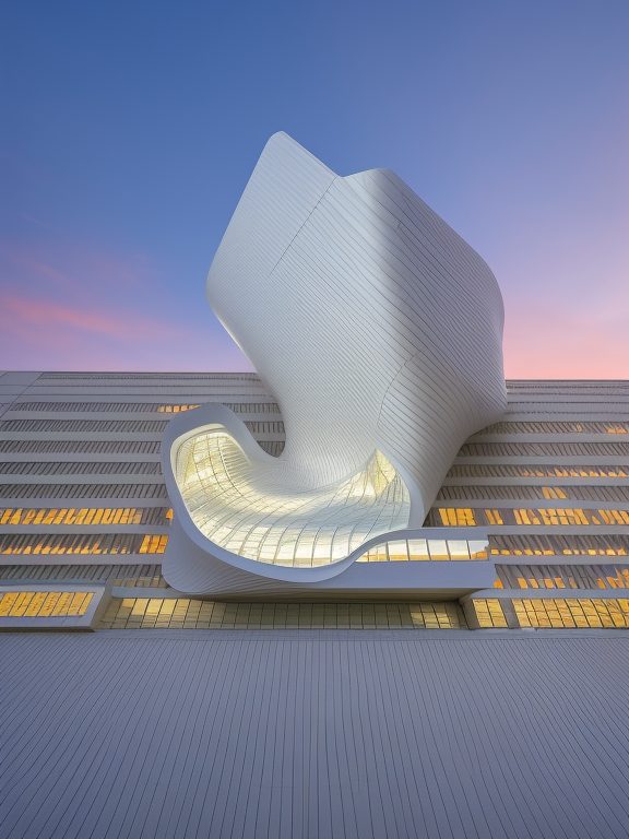Building, designed by Zaha Hadid, at sunset, in Tokyo