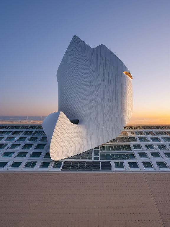 Building, designed by Zaha Hadid, at sunset, in Tokyo, Brownstone, Mid Rise