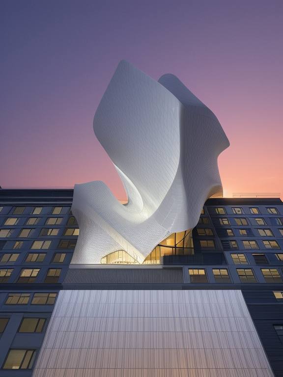 Building, designed by Zaha Hadid, at sunset, in Tokyo, Brownstone, Mid Rise