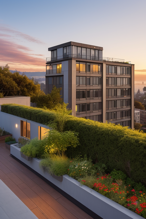 Two Story Loft with Rooftop Garden, designed by Le Corbusier, Art Deco Architecture, in the evening sunset, in Oakland, California.
