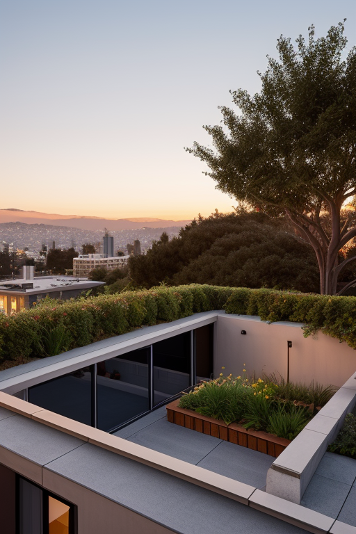 Two Story Loft with Rooftop Garden, designed by Le Corbusier, Art Deco Architecture, in the evening sunset, in Oakland, California.