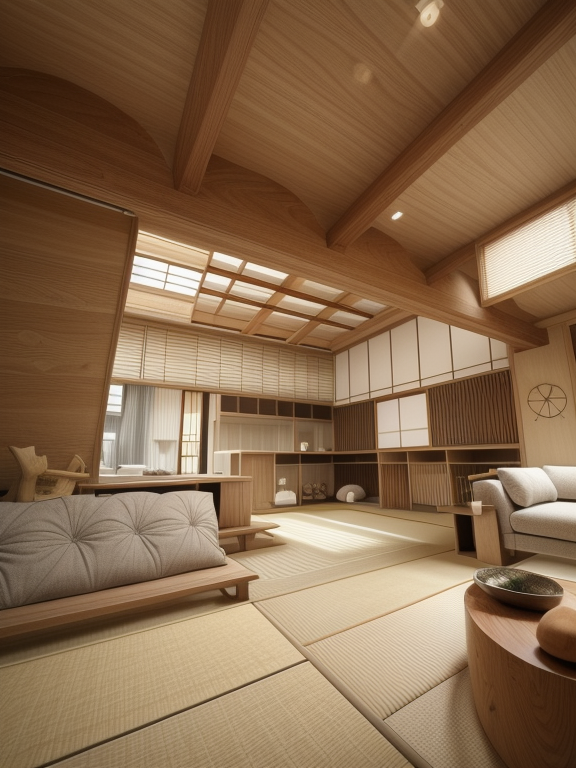 Living Room, Japanese design, serene and minimalist, clean lines, natural materials, wood, stone, neutral colour palette, sliding doors shoji, tatami mats,  Zen garden elements, focus on simplicity and harmony