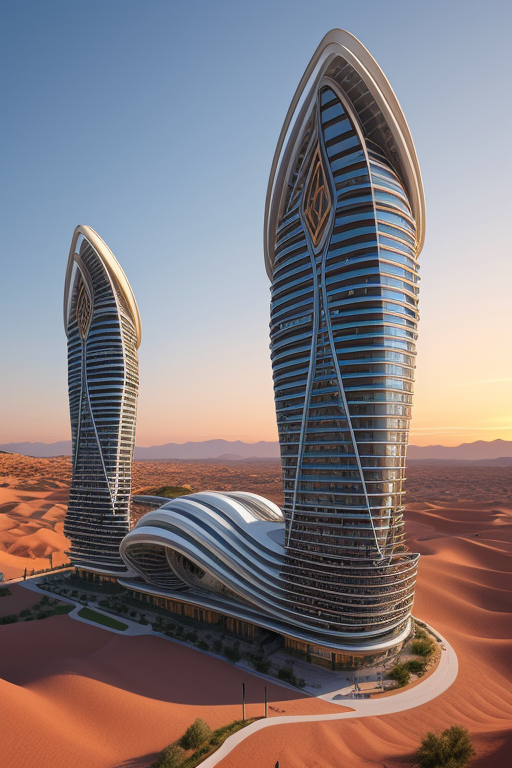 Mid Rise, designed by Zaha Hadid, Afro Futurism architecture, at sunset, in the desert