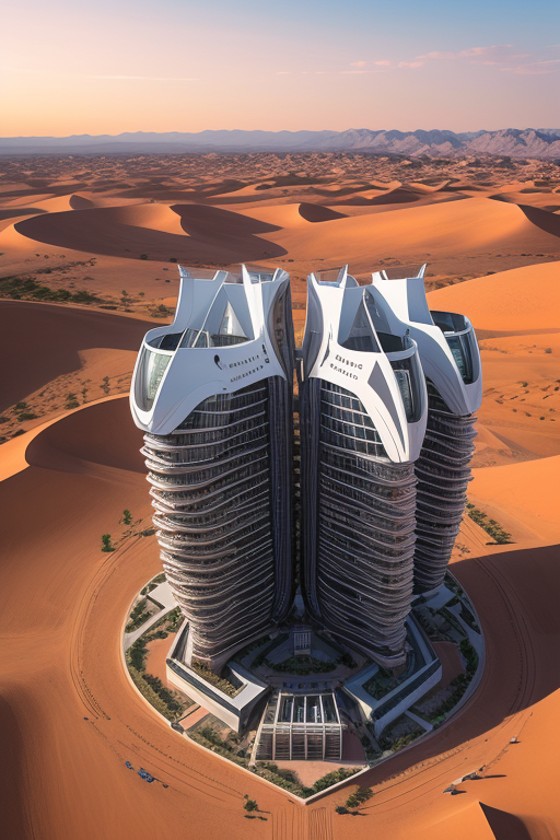 Mid Rise, designed by Zaha Hadid, Afro Futurism architecture, at sunset, in the desert
