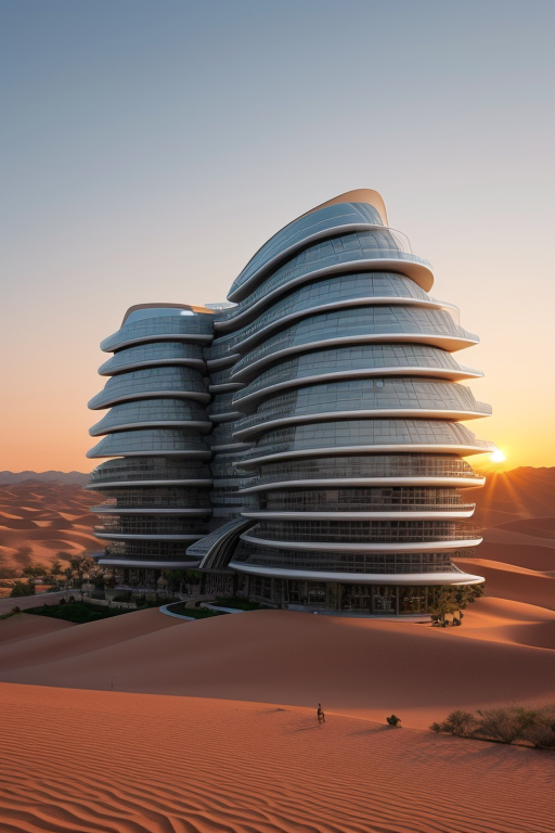 Mid Rise, designed by Zaha Hadid, Afro Futurism architecture, at sunset, in the desert