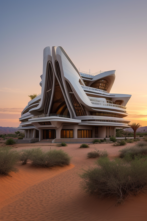 Mid Rise, designed by Zaha Hadid, Afro Futurism architecture, at sunset, in the desert, designed by Frank Lloyd Wright
