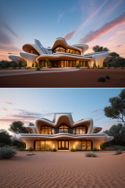 Mid Rise, designed by Zaha Hadid, Afro Futurism architecture, at sunset, in the desert, designed by Frank Lloyd Wright, Villa