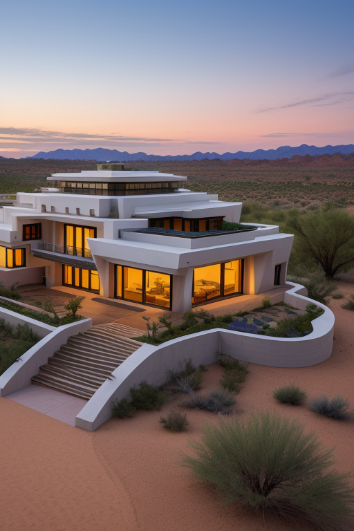 Mid Rise, designed by Zaha Hadid, Afro Futurism architecture, at sunset, in the desert, designed by Frank Lloyd Wright, Villa