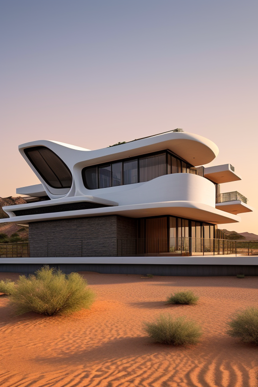 Mid Rise, designed by Zaha Hadid, Afro Futurism architecture, at sunset, in the desert, designed by Frank Lloyd Wright, Villa