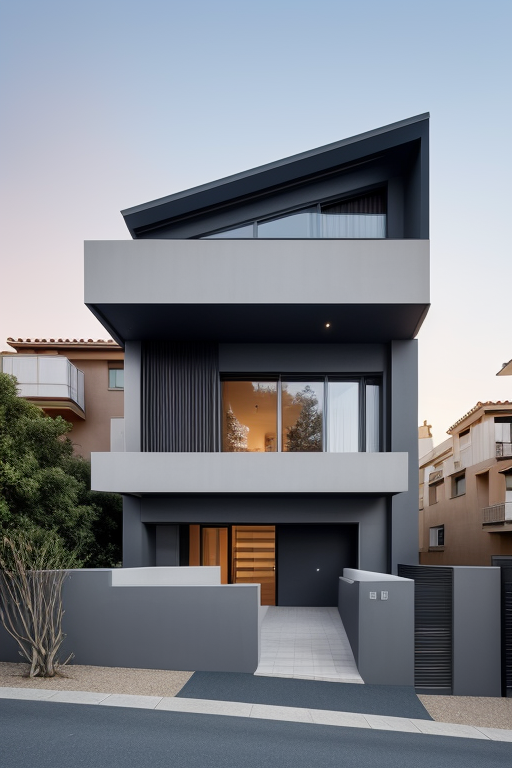 Townhouse, designed by Le Corbusier for Auckland New Zealand, Post-Modern Architecture, at sunset, in Barcelona. Include Maori patterns on the facade