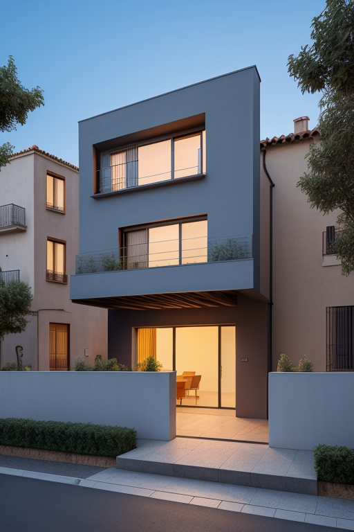Townhouse, designed by Le Corbusier for  Post-Modern Architecture, at sunset, in Barcelona. 