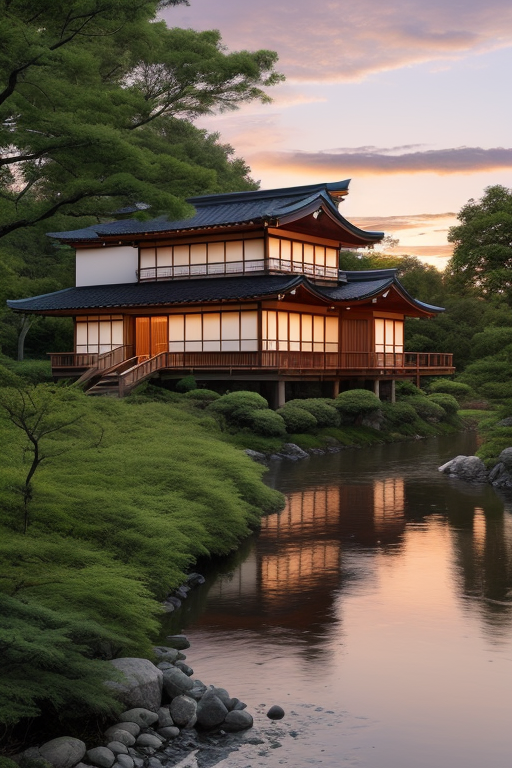 Design a villa / holiday home on a river bank using Japanese architecture, at sunset, in the forest