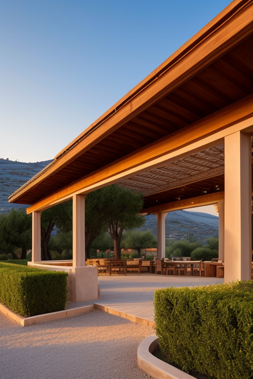 Horse breeding farm and boutique hotel, designed by Frank Lloyd Wright, Mission Revivalist, Arches, located in Aegean region of Turkey, at sunset