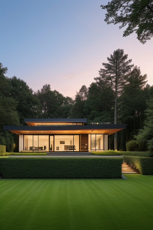 Mansion, Modern Architecture, minimalistic, at sunset, in the forest with lawns and garden at front