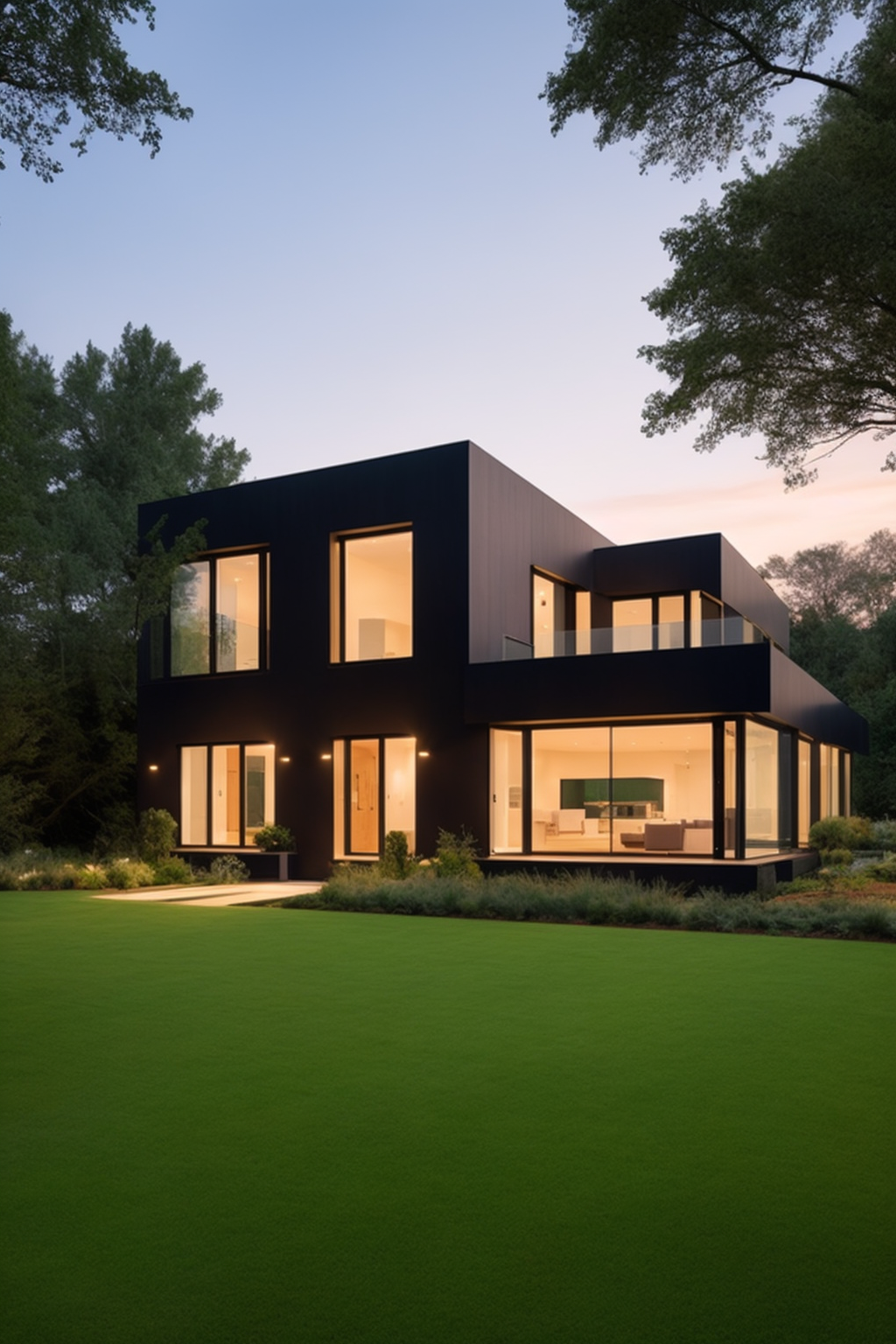 Mansion, Modern Architecture, minimalistic, at sunset, in the forest with lawns and garden at front
