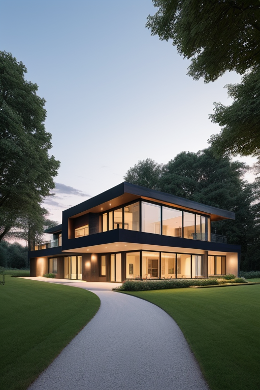 Mansion, Modern Architecture, minimalistic, at sunset, in the forest with lawns and garden at front, light and dark colours, curves, sleek