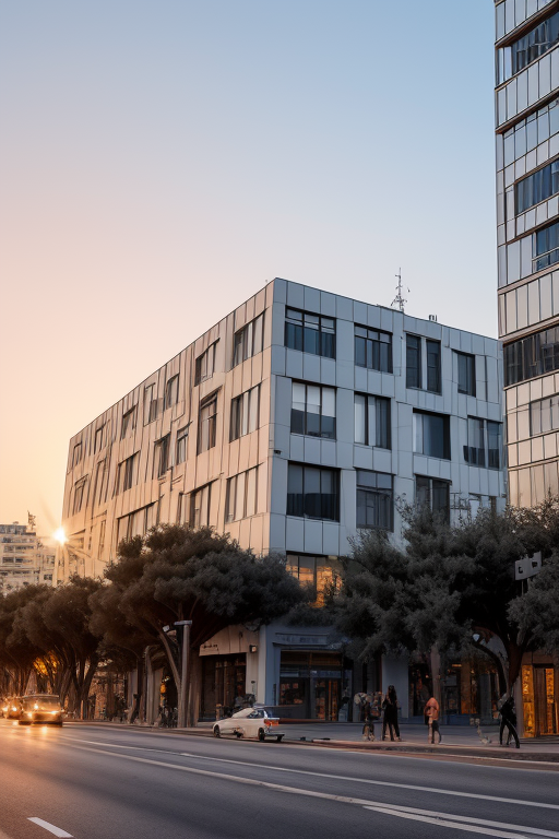 Building, bauhaus, Tel Aviv, busy street during sunset 