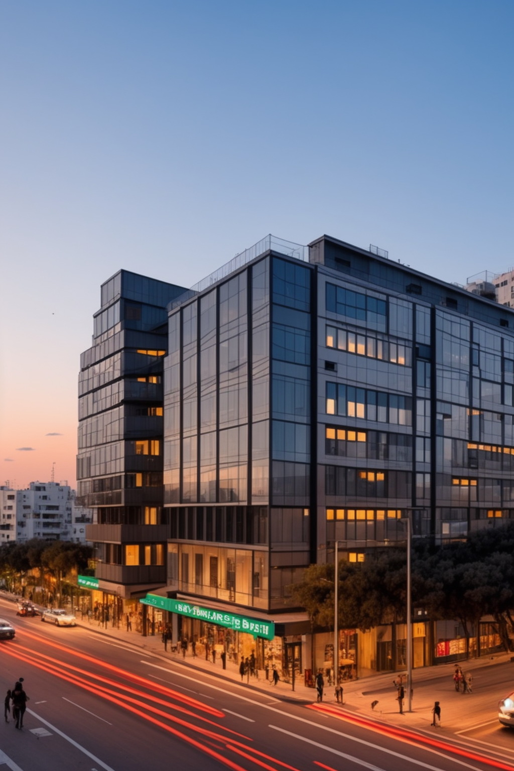 Building, bauhaus, Tel Aviv, busy street during sunset 