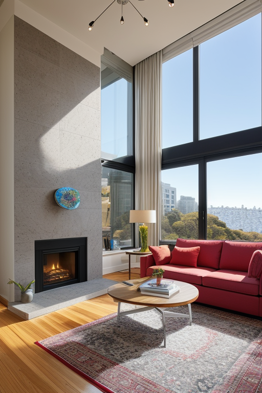Living room in a medium sized mansion, designed by Frank Gehry, Modern Architecture, in the morning, in San Francisco