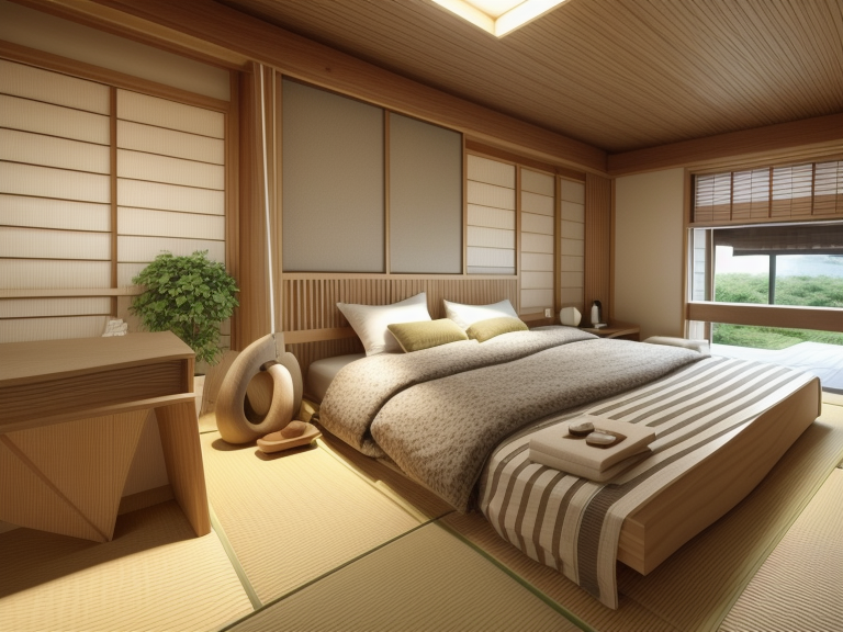 Bedroom, Japanese design, serene and minimalist, clean lines, natural materials, wood, stone, neutral colour palette, sliding doors shoji, tatami mats,  Zen garden elements, focus on simplicity and harmony