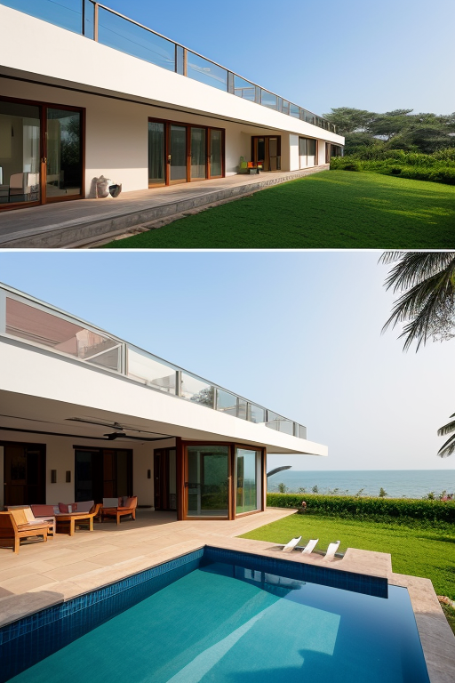 Weekend bungalow in Alibaug, India for a family of 3 near the beach, Villa, designed by Frank Lloyd Wright, Bauhaus Architecture, in the afternoon