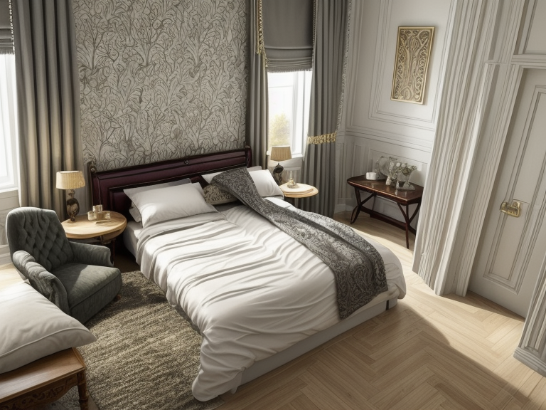 Bedroom, Victorian design, opulent and elaborate, deep colour palette, intricate detailing, carvings and mouldings, paintings, heavy draperies, vintage furniture, decorative wallpapers, chandeliers, formal atmosphere