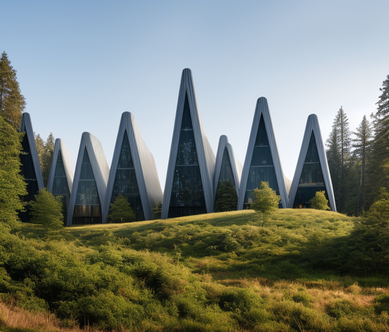 in the forest, Office, designed by Richard Rogers, Scandinavian architecture, in the morning