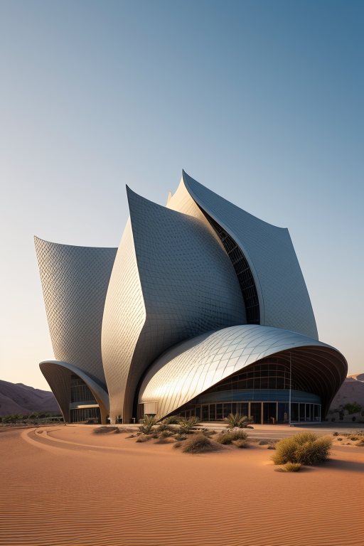 Museum, designed by Zaha Hadid, Islamic architecture, in the afternoon, in the desert