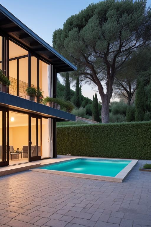A Provençal house in the south of France, in the sun, Villa, designed by Le Corbusier, designed by Mies Van der Rohe, at sunset, in Rome