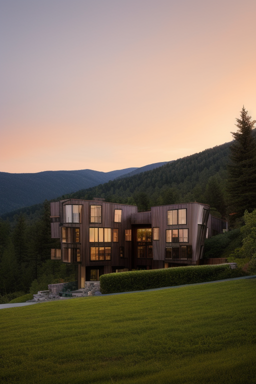 Townhouse, designed by Frank Gehry, at sunset, in the mountains