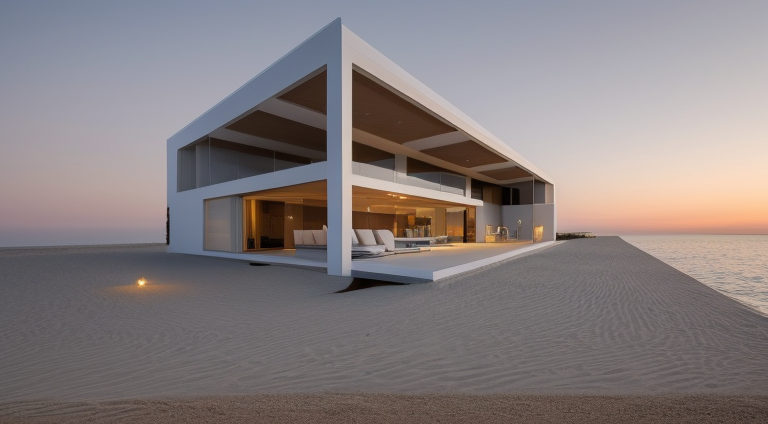 Villa, designed by Philip Johnson, Bauhaus Architecture, at sunset, in the ocean, on Mars