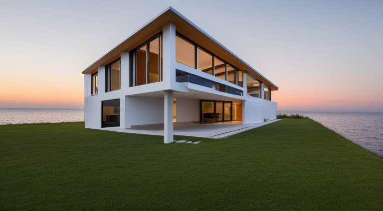 Villa, designed by Philip Johnson, Bauhaus Architecture, at sunset, in the ocean, on Mars, in the forest with open structure and lots of vegetation, Townhouse, designed by Frank Lloyd Wright, Scandinavian architecture, on Mars