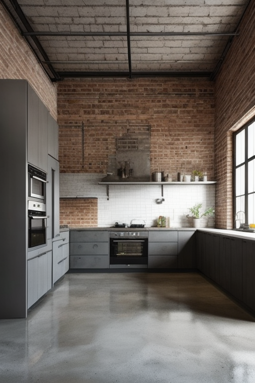Kitchen, Industrial design, raw and unfinished look, exposed brick walls, concrete floors, metal accents, utilitarian aesthetics, salvaged or repurposed materials, open floor plans