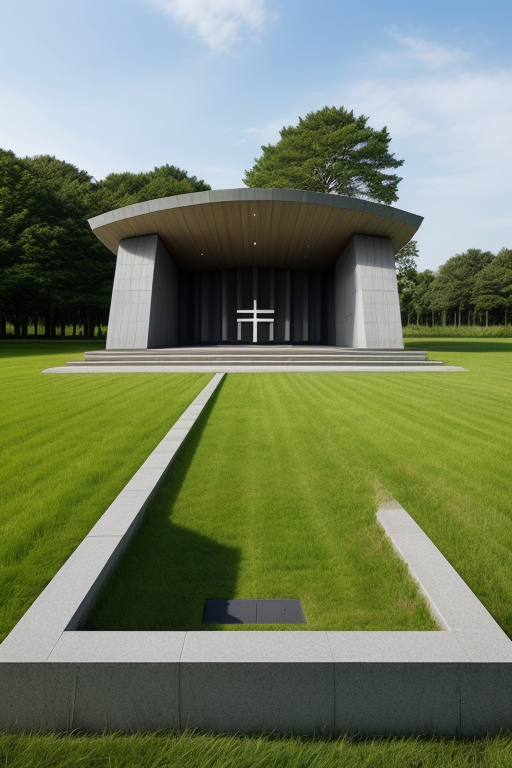 A modern mausoleum with a large plane of wild grass with a cenotaph in the far background   , Church, designed by Tadao Ando, designed by Alvar Aalto, in the morning