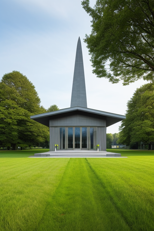A modern mausoleum with a large plane of wild grass with a cenotaph in the far background   , Church, designed by Tadao Ando, designed by Alvar Aalto, in the morning