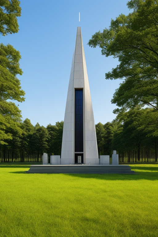 A modern mausoleum with a large plane of wild grass with a cenotaph in the far background   , Church, designed by Tadao Ando, designed by Alvar Aalto, in the morning
