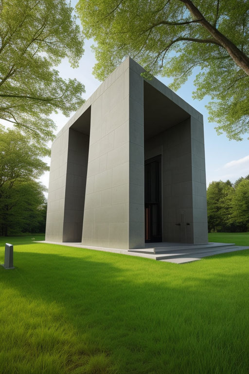 A modern mausoleum with a large plane of wild grass with a cenotaph in the far background   , Church, designed by Tadao Ando, designed by Alvar Aalto, in the morning
