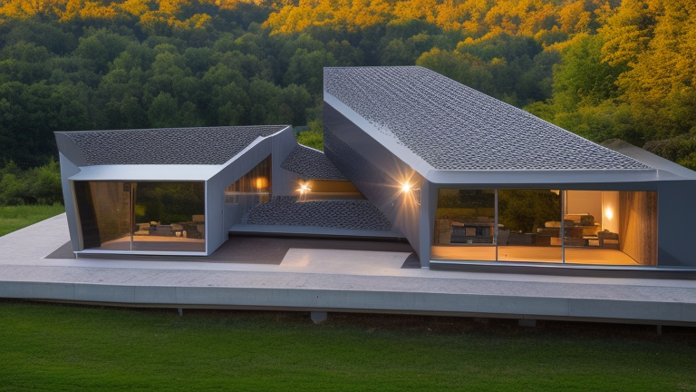 Museum, designed by Rem Koolhas, at sunset, in the forest, designed by Le Corbusier