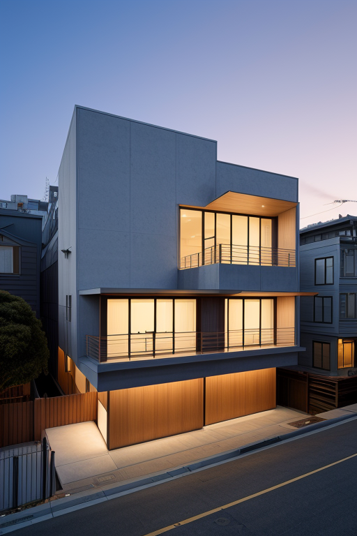 Building, renovation of victorian house designed by Tadao Ando, Modern Architecture, Japanese architecture, at sunset, San Francisco
