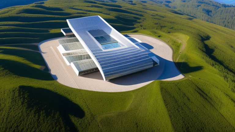 Museum, designed by Norman Foster, Post-Modern Architecture, in the afternoon, in the mountains