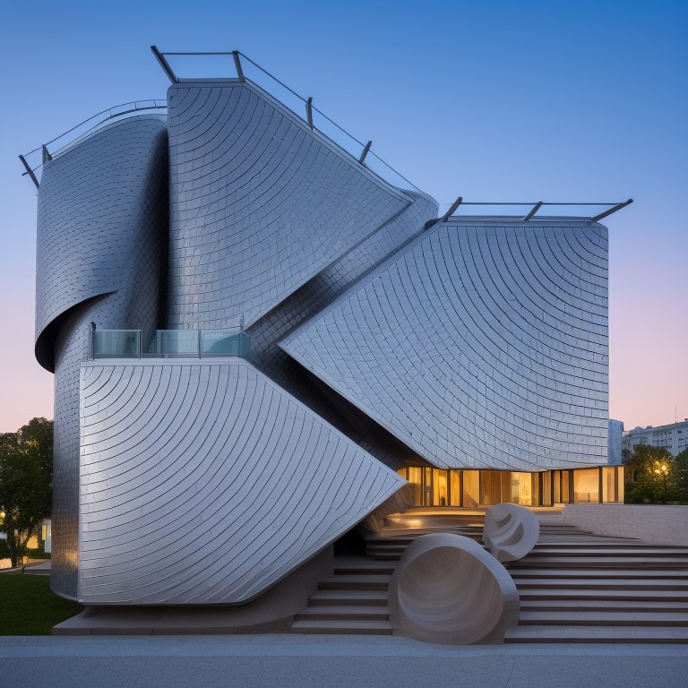 Mansion, designed by Frank Gehry, Constructivism Architecture, at night, on the beach, in Moscow