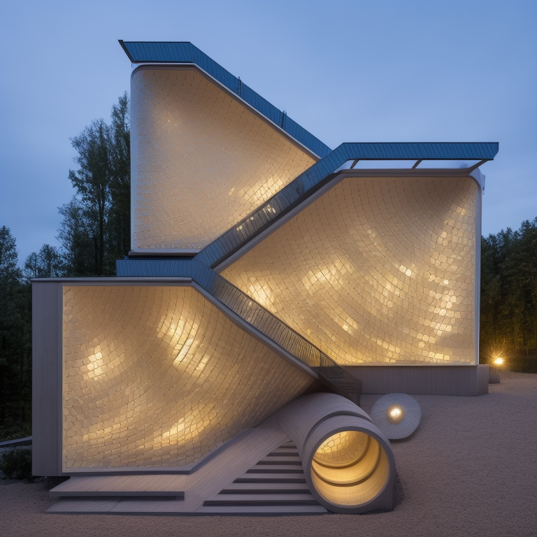 Mansion, designed by Frank Gehry, Constructivism Architecture, at night, on the beach, in Moscow
