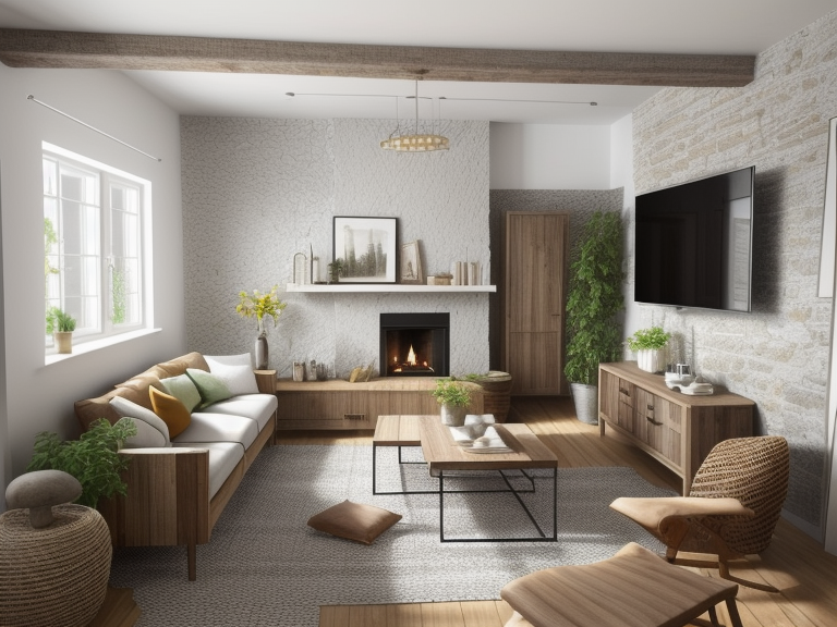 Living Room, Mediterranean design, warm and inviting, earthy colour palette with vibrant accents, textured white walls, stucco, arches and curved lines, stone, rustic wood and wrought iron, warm and cozy ambiance